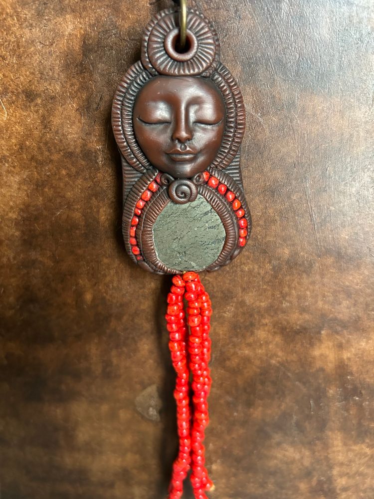 Pyrite Goddess Pendant with Pyrite and Beaded Tassel 