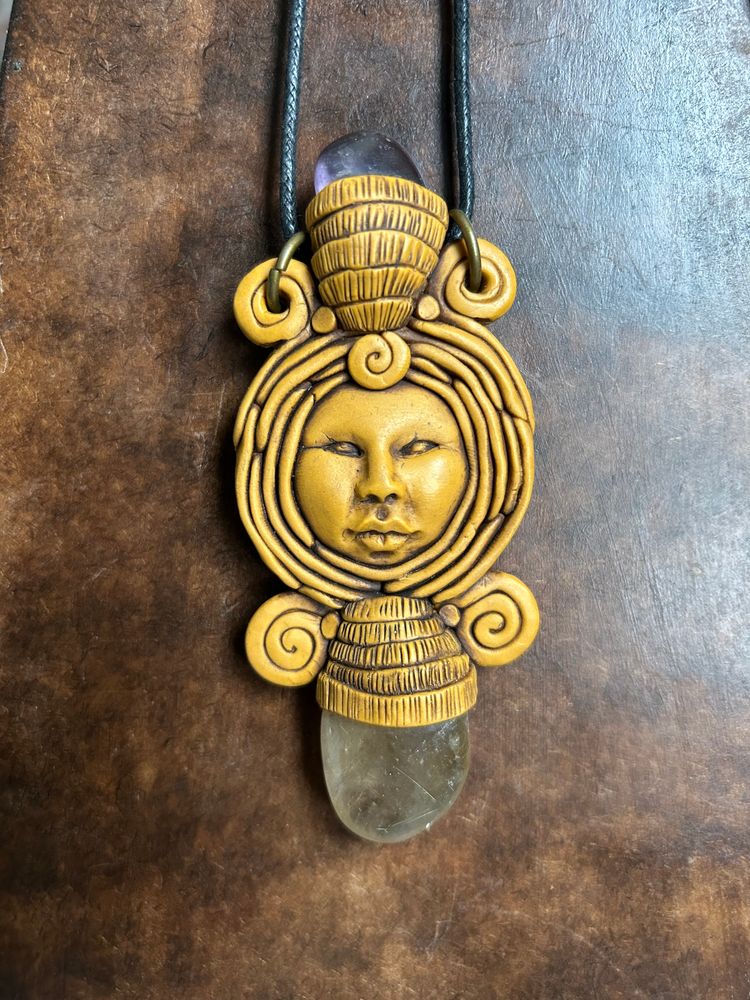 Yellow Goddess Pendant with Rutilated Quartz and Fluorite 